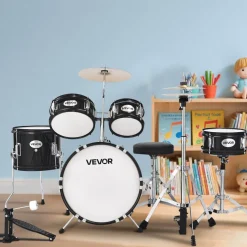 VEVOR Kids Drum Set, 5-Piece 14 in Junior Drum Sets, Beginner Drums Set with Adjustable Throne, Cymbal & Two Pairs of Drumsticks, Musical Learning Drums Instruments Kit, for Children Ages 6-13(Black)