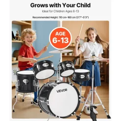 VEVOR Kids Drum Set, 5-Piece 14 in Junior Drum Sets, Beginner Drums Set with Adjustable Throne, Cymbal & Two Pairs of Drumsticks, Musical Learning Drums Instruments Kit, for Children Ages 6-13(Black)