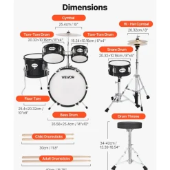 VEVOR Kids Drum Set, 5-Piece 14 in Junior Drum Sets, Beginner Drums Set with Adjustable Throne, Cymbal & Two Pairs of Drumsticks, Musical Learning Drums Instruments Kit, for Children Ages 6-13(Black)