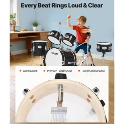 VEVOR Kids Drum Set, 5-Piece 14 in Junior Drum Sets, Beginner Drums Set with Adjustable Throne, Cymbal & Two Pairs of Drumsticks, Musical Learning Drums Instruments Kit, for Children Ages 6-13(Black)