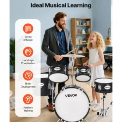 VEVOR Kids Drum Set, 5-Piece 14 in Junior Drum Sets, Beginner Drums Set with Adjustable Throne, Cymbal & Two Pairs of Drumsticks, Musical Learning Drums Instruments Kit, for Children Ages 6-13(Black)