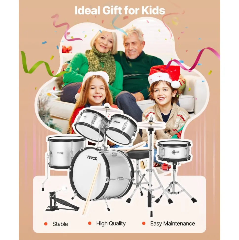 VEVOR Kids Drum Set, 3-Piece 14 in Junior Drum Sets, Beginner Drums Set with Adjustable Throne, Cymbal & Two Pairs of Drumsticks, Musical Learning Drums Instruments Kit, for Children Ages 6-13 (Red)
