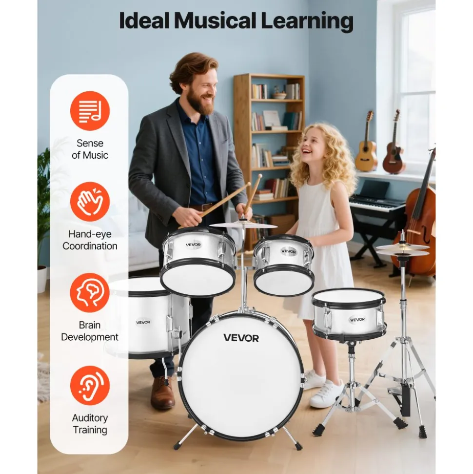 VEVOR Kids Drum Set, 3-Piece 14 in Junior Drum Sets, Beginner Drums Set with Adjustable Throne, Cymbal & Two Pairs of Drumsticks, Musical Learning Drums Instruments Kit, for Children Ages 6-13 (Red)