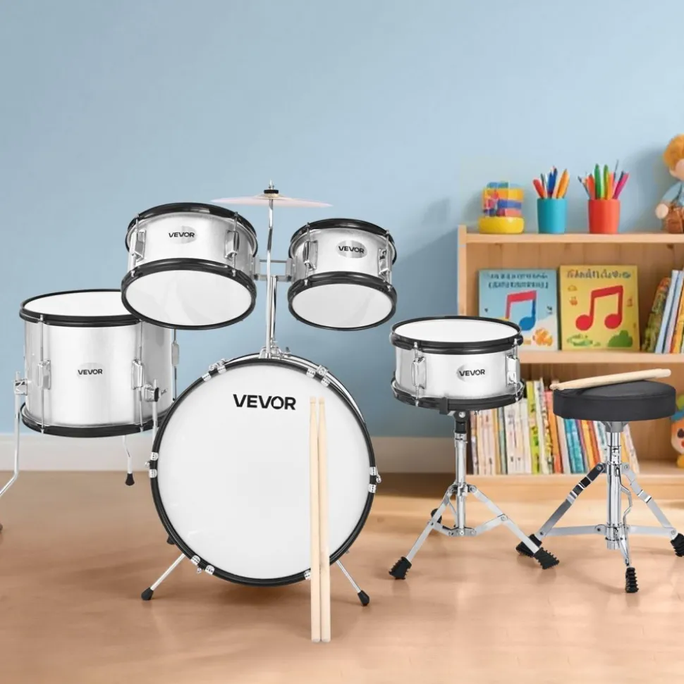 VEVOR Kids Drum Set, 3-Piece 14 in Junior Drum Sets, Beginner Drums Set with Adjustable Throne, Cymbal & Two Pairs of Drumsticks, Musical Learning Drums Instruments Kit, for Children Ages 6-13 (Red)