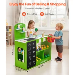 VEVOR Kids Grocery Store Playset, Wooden Play Market Stand with Shopping Bag, Kids Supermarket Pretend Play Store with Conveyor Belt, Scanner, Cash Register, Realistic Scale, Gift for Boys & Girls