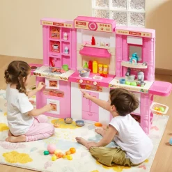 VEVOR Kids Kitchen Playset, 3-in-1 Toddler Kitchen with Simulated Spray, Sounds and Lights, Play Kitchen Set with 74 PCS Cooking Accessory Set for Toddlers, Preschoolers, Children Ages 3-8, Pink