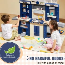 VEVOR Kids Kitchen Playset, 3-in-1 Toddler Kitchen with Simulated Spray, Sounds and Lights, Play Kitchen Set with 74 PCS Cooking Accessory Set for Toddlers, Preschoolers, Children Ages 3-8, Blue