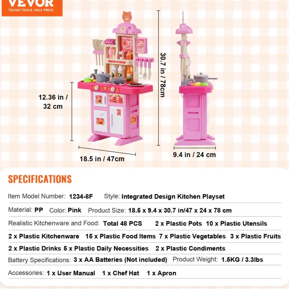 VEVOR Kids Kitchen Playset, Toddler Kitchen with Cooking Stove with Steam, Sounds and Lights, Play Kitchen Set with 48 PCS Cooking Accessory Set for Toddlers, Preschoolers, Children Ages 3-5, Pink