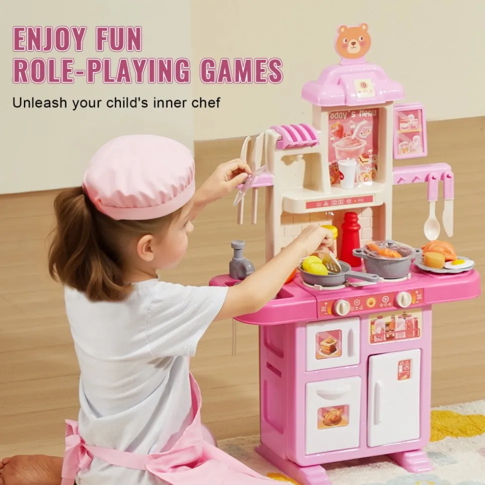 VEVOR Kids Kitchen Playset, Toddler Kitchen with Cooking Stove with Steam, Sounds and Lights, Play Kitchen Set with 48 PCS Cooking Accessory Set for Toddlers, Preschoolers, Children Ages 3-5, Pink