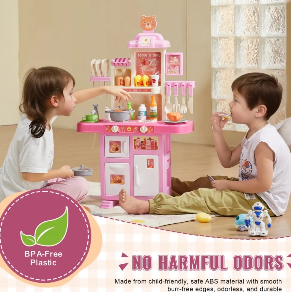 VEVOR Kids Kitchen Playset, Toddler Kitchen with Cooking Stove with Steam, Sounds and Lights, Play Kitchen Set with 48 PCS Cooking Accessory Set for Toddlers, Preschoolers, Children Ages 3-5, Pink
