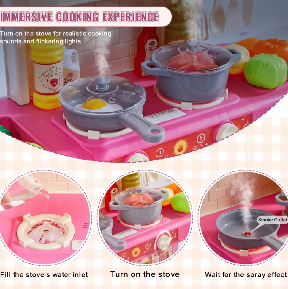 VEVOR Kids Kitchen Playset, Toddler Kitchen with Cooking Stove with Steam, Sounds and Lights, Play Kitchen Set with 48 PCS Cooking Accessory Set for Toddlers, Preschoolers, Children Ages 3-5, Pink