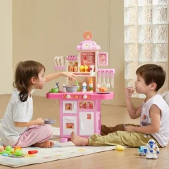 VEVOR Kids Kitchen Playset, Toddler Kitchen with Cooking Stove with Steam, Sounds and Lights, Play Kitchen Set with 48 PCS Cooking Accessory Set for Toddlers, Preschoolers, Children Ages 3-5, Pink