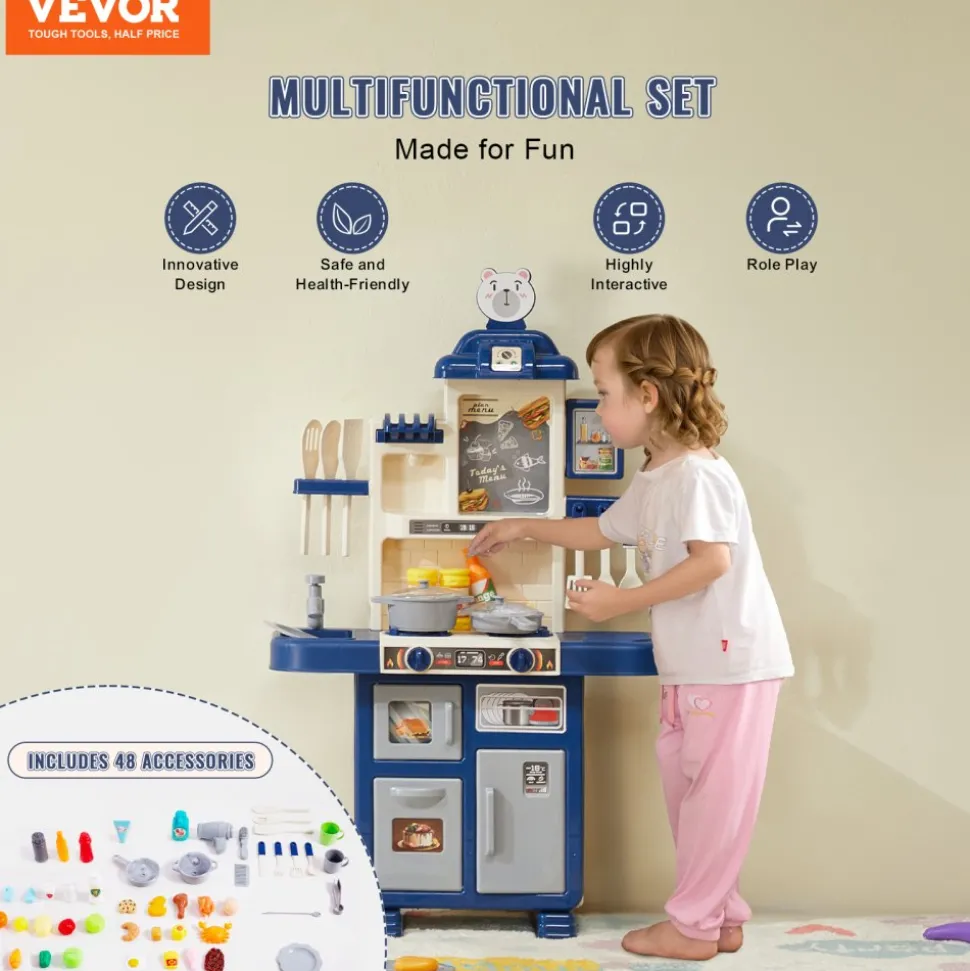 VEVOR Kids Kitchen Playset, Toddler Kitchen with Cooking Stove with Steam, Sounds and Lights, Play Kitchen Set with 48 PCS Cooking Accessory Set for Toddlers, Preschoolers, Children Ages 3-5, Blue