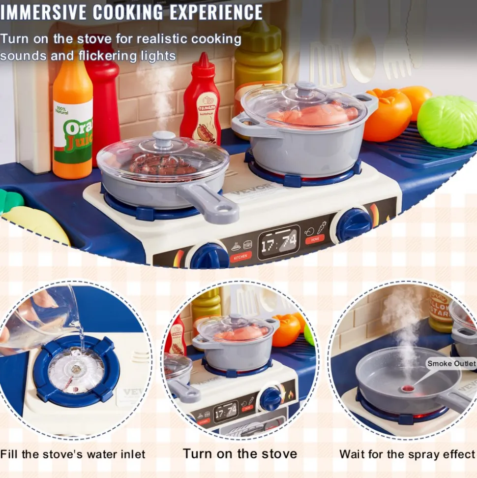 VEVOR Kids Kitchen Playset, Toddler Kitchen with Cooking Stove with Steam, Sounds and Lights, Play Kitchen Set with 48 PCS Cooking Accessory Set for Toddlers, Preschoolers, Children Ages 3-5, Blue