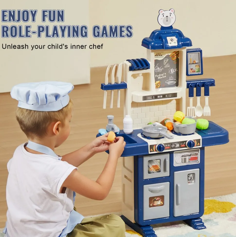 VEVOR Kids Kitchen Playset, Toddler Kitchen with Cooking Stove with Steam, Sounds and Lights, Play Kitchen Set with 48 PCS Cooking Accessory Set for Toddlers, Preschoolers, Children Ages 3-5, Blue