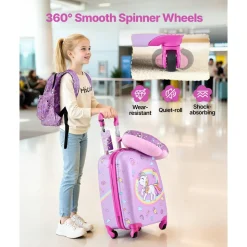 VEVOR Kids Luggage Set, 5 Piece, 18 Inch Hardside Rolling Wheels Suitcase with Backpack & U-shape Pillow, Unicorn Kids Carry on Luggage Set, Holiday Birthday Gift for Girls Boys, Airline Approved