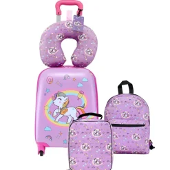 VEVOR Kids Luggage Set, 5 Piece, 18 Inch Hardside Rolling Wheels Suitcase with Backpack & U-shape Pillow, Unicorn Kids Carry on Luggage Set, Holiday Birthday Gift for Girls Boys, Airline Approved