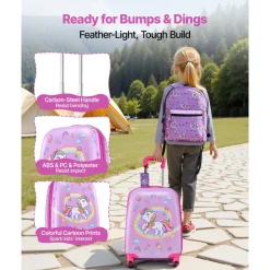 VEVOR Kids Luggage Set, 5 Piece, 18 Inch Hardside Rolling Wheels Suitcase with Backpack & U-shape Pillow, Unicorn Kids Carry on Luggage Set, Holiday Birthday Gift for Girls Boys, Airline Approved
