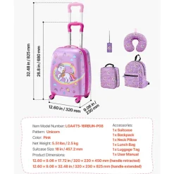 VEVOR Kids Luggage Set, 5 Piece, 18 Inch Hardside Rolling Wheels Suitcase with Backpack & U-shape Pillow, Unicorn Kids Carry on Luggage Set, Holiday Birthday Gift for Girls Boys, Airline Approved