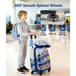 VEVOR Kids Luggage Set, 5 Piece, 18 Inch Hardside Rolling Wheels Suitcase with Backpack & U-shape Pillow, Truck Kids Carry on Luggage Set, Holiday Birthday Gift for Girls Boys, Airline Approved