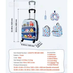 VEVOR Kids Luggage Set, 5 Piece, 18 Inch Hardside Rolling Wheels Suitcase with Backpack & U-shape Pillow, Truck Kids Carry on Luggage Set, Holiday Birthday Gift for Girls Boys, Airline Approved