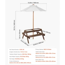 VEVOR Kids Picnic Table with Umbrella, 3-in-1 Sand & Water Table, Outdoor Wooden Table and Bench Set with 2 Trays, 4-People Patio Dining Furniture for Garden, Backyard and Porch (Walnut)