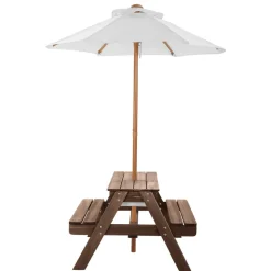 VEVOR Kids Picnic Table with Umbrella, 3-in-1 Sand & Water Table, Outdoor Wooden Table and Bench Set with 2 Trays, 4-People Patio Dining Furniture for Garden, Backyard and Porch (Walnut)