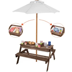 VEVOR Kids Picnic Table with Umbrella, 3-in-1 Sand & Water Table, Outdoor Wooden Table and Bench Set with 2 Trays, 4-People Patio Dining Furniture for Garden, Backyard and Porch (Walnut)