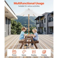 VEVOR Kids Picnic Table with Umbrella, 3-in-1 Sand & Water Table, Outdoor Wooden Table and Bench Set with 2 Trays, 4-People Patio Dining Furniture for Garden, Backyard and Porch (Walnut)