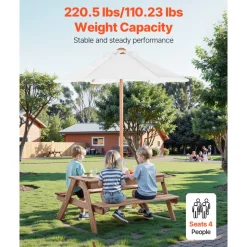 VEVOR Kids Picnic Table with Umbrella, 3-in-1 Sand & Water Table, Outdoor Wooden Table and Bench Set with 2 Trays, 4-People Patio Dining Furniture for Garden, Backyard and Porch (Walnut)