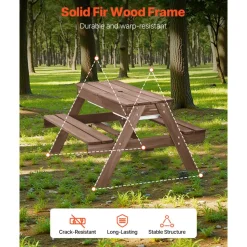 VEVOR Kids Picnic Table with Umbrella, 3-in-1 Sand & Water Table, Outdoor Wooden Table and Bench Set with 2 Trays, 4-People Patio Dining Furniture for Garden, Backyard and Porch (Walnut)