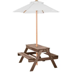 VEVOR Kids Picnic Table with Umbrella, 3-in-1 Sand & Water Table, Outdoor Wooden Table and Bench Set with 2 Trays, 4-People Patio Dining Furniture for Garden, Backyard and Porch (Walnut)