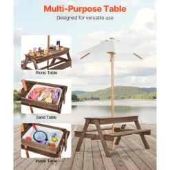VEVOR Kids Picnic Table with Umbrella, 3-in-1 Sand & Water Table, Outdoor Wooden Table and Bench Set with 2 Trays, 4-People Patio Dining Furniture for Garden, Backyard and Porch (Walnut)