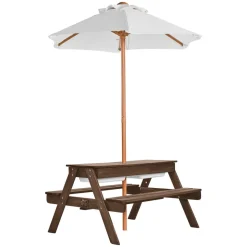 VEVOR Kids Picnic Table with Umbrella, 3-in-1 Sand & Water Table, Outdoor Wooden Table and Bench Set with 2 Trays, 4-People Patio Dining Furniture for Garden, Backyard and Porch (Walnut)