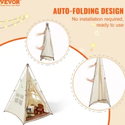 VEVOR Kids Play Tent, Teepee Tent for Kids 1-5 Years Old, Tent for Kids with Windows for Indoor and Outdoor, Foldable Toddler Tent with Mat and Carrying Bag, Kids Tent for Boys and Girls, Beige