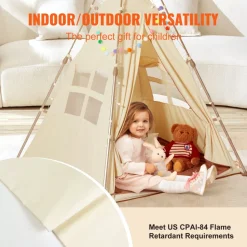 VEVOR Kids Play Tent, Teepee Tent for Kids 1-5 Years Old, Tent for Kids with Windows for Indoor and Outdoor, Foldable Toddler Tent with Mat and Carrying Bag, Kids Tent for Boys and Girls, Beige