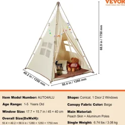 VEVOR Kids Play Tent, Teepee Tent for Kids 1-5 Years Old, Tent for Kids with Windows for Indoor and Outdoor, Foldable Toddler Tent with Mat and Carrying Bag, Kids Tent for Boys and Girls, Beige