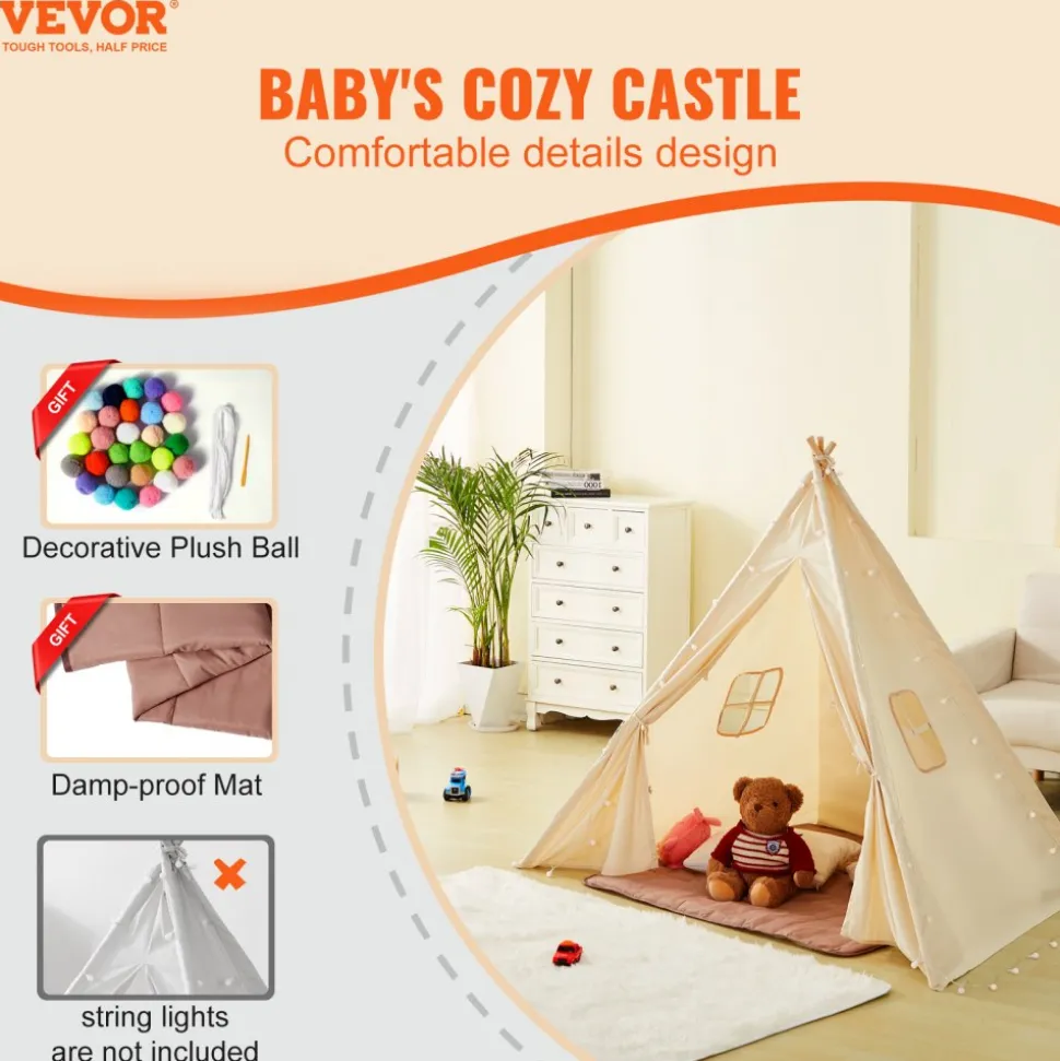 VEVOR Kids Play Tent, Teepee Tent for Kids 1-5 Years Old, Tent for Kids with Windows for Indoor and Outdoor, Toddler Tent with Mat and Plush Decorative Balls, for Boys and Girls, Beige