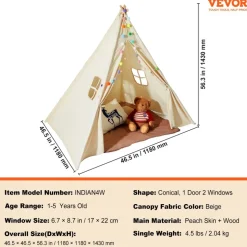 VEVOR Kids Play Tent, Teepee Tent for Kids 1-5 Years Old, Tent for Kids with Windows for Indoor and Outdoor, Toddler Tent with Mat and Plush Decorative Balls, for Boys and Girls, Beige
