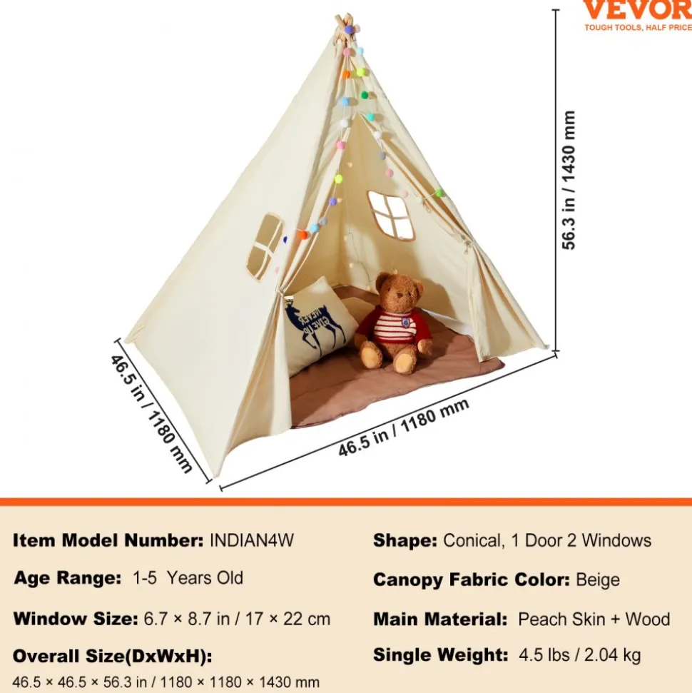 VEVOR Kids Play Tent, Teepee Tent for Kids 1-5 Years Old, Tent for Kids with Windows for Indoor and Outdoor, Toddler Tent with Mat and Plush Decorative Balls, for Boys and Girls, Beige
