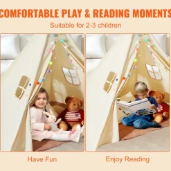 VEVOR Kids Play Tent, Teepee Tent for Kids 1-5 Years Old, Tent for Kids with Windows for Indoor and Outdoor, Toddler Tent with Mat and Plush Decorative Balls, for Boys and Girls, Beige