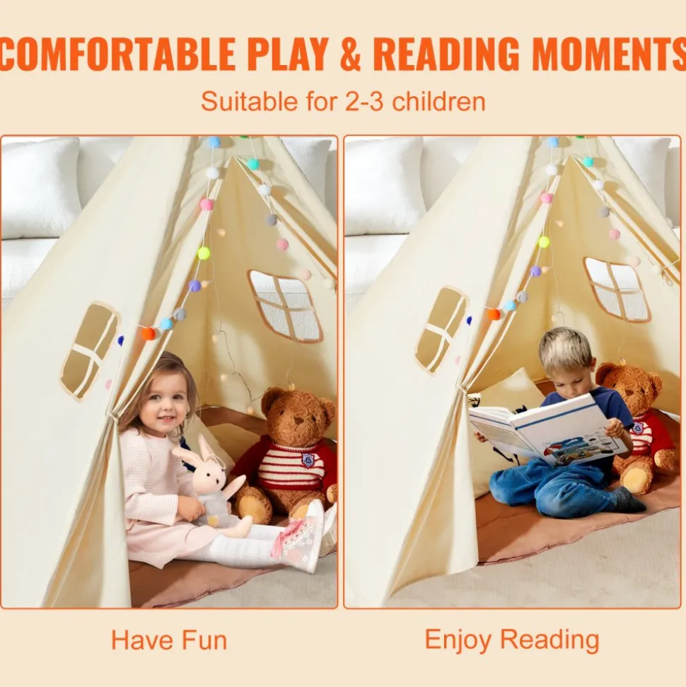 VEVOR Kids Play Tent, Teepee Tent for Kids 1-5 Years Old, Tent for Kids with Windows for Indoor and Outdoor, Toddler Tent with Mat and Plush Decorative Balls, for Boys and Girls, Beige