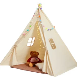 VEVOR Kids Play Tent, Teepee Tent for Kids 1-5 Years Old, Tent for Kids with Windows for Indoor and Outdoor, Toddler Tent with Mat and Plush Decorative Balls, for Boys and Girls, Beige