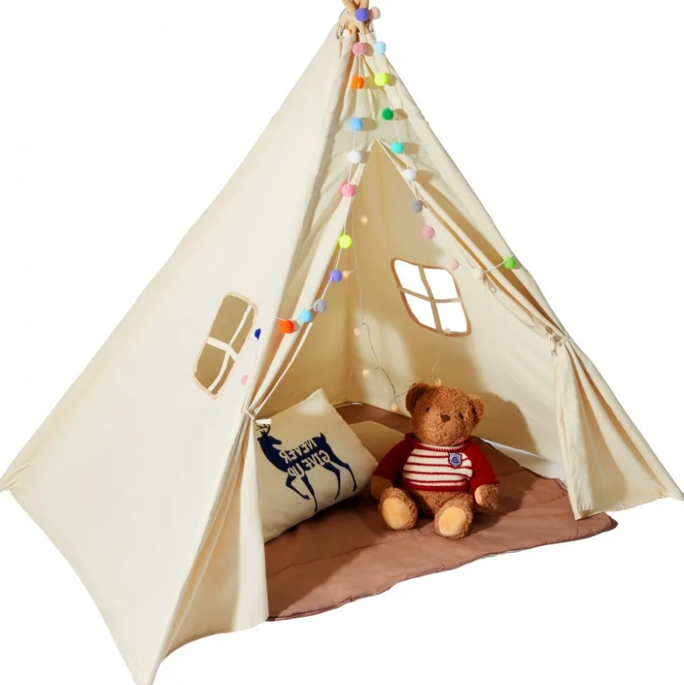 VEVOR Kids Play Tent, Teepee Tent for Kids 1-5 Years Old, Tent for Kids with Windows for Indoor and Outdoor, Toddler Tent with Mat and Plush Decorative Balls, for Boys and Girls, Beige