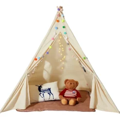 VEVOR Kids Play Tent, Teepee Tent for Kids 1-5 Years Old, Tent for Kids with Windows for Indoor and Outdoor, Toddler Tent with Mat and Plush Decorative Balls, for Boys and Girls, Beige