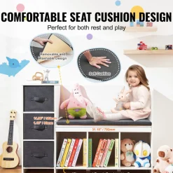 VEVOR Kids Reading Nook Bench, Toddler Bookshelf and Bookcase with Detachable Seat Cushion, 6-Cubby Storage Organizer Bench with 3 Drawers, Ideal for Playroom, Bedroom, Living Room or Entryway, White