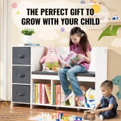 VEVOR Kids Reading Nook Bench, Toddler Bookshelf and Bookcase with Detachable Seat Cushion, 6-Cubby Storage Organizer Bench with 3 Drawers, Ideal for Playroom, Bedroom, Living Room or Entryway, White