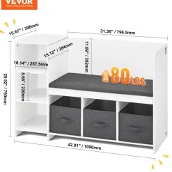 VEVOR Kids Reading Nook Bench, Toddler Bookshelf and Bookcase with Detachable Seat Cushion, 6-Cubby Storage Organizer Bench with 3 Drawers, Ideal for Playroom, Bedroom, Living Room or Entryway, White