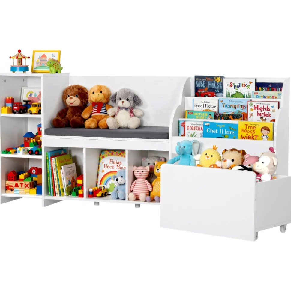 VEVOR Kids Reading Nook, Wooden Storage Bench with Backrest, Kids Bookshelf & Toy Organizer, Large Toy Box Chest for Playroom, Living Room or Entryway, Easy Assembly, 66.9 x 15.8 x 31.5 in, White