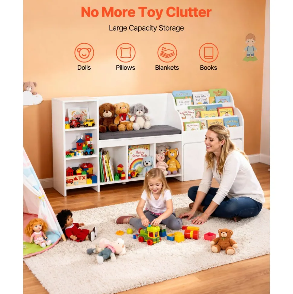 VEVOR Kids Reading Nook, Wooden Storage Bench with Backrest, Kids Bookshelf & Toy Organizer, Large Toy Box Chest for Playroom, Living Room or Entryway, Easy Assembly, 66.9 x 15.8 x 31.5 in, White